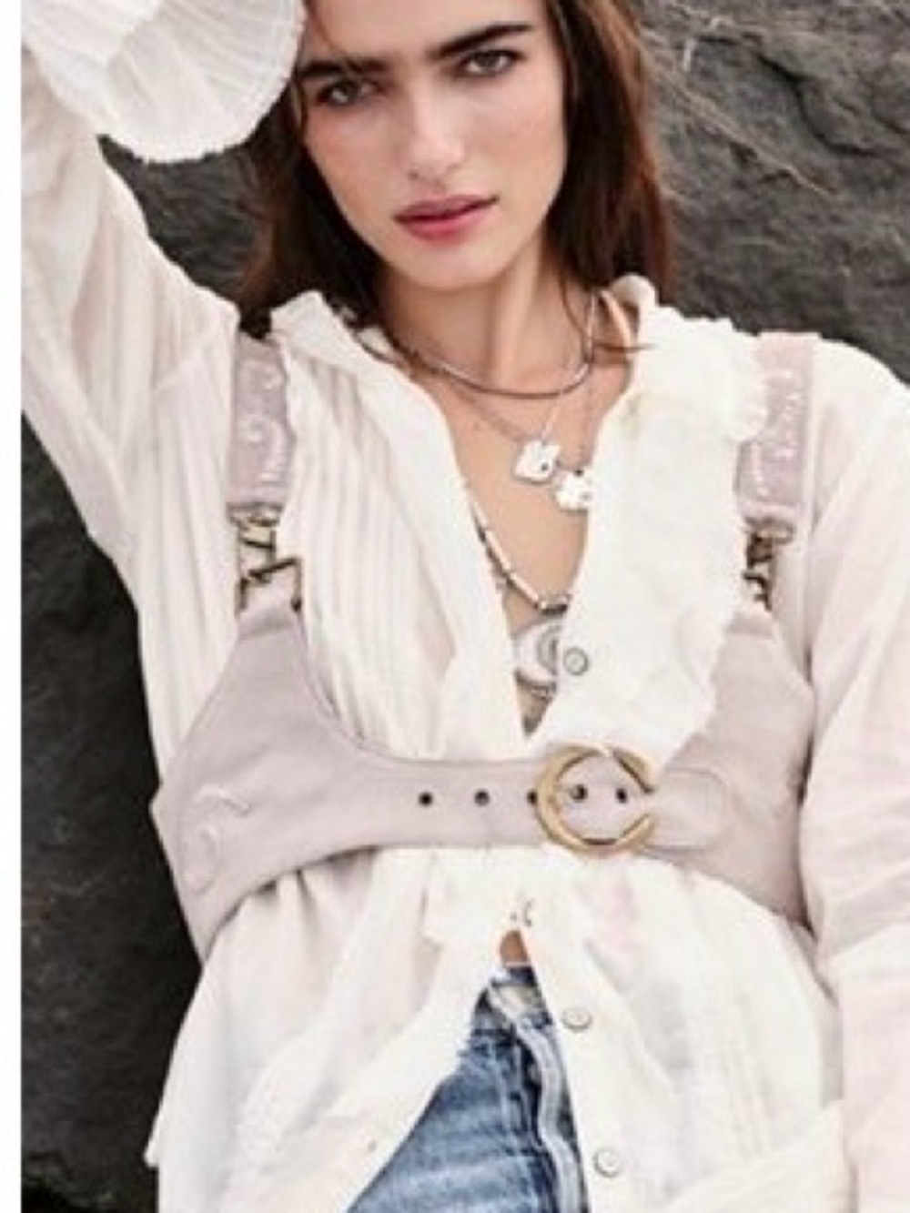Free People Beacon Taupe Suede Leather Harness Belt with Whipstitch Detail